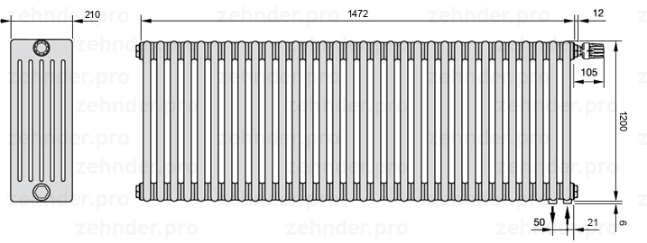 Схема (чертеж) Радиатор Zehnder Charleston 6120/32 №V002 Белый глянцевый RAL 9016